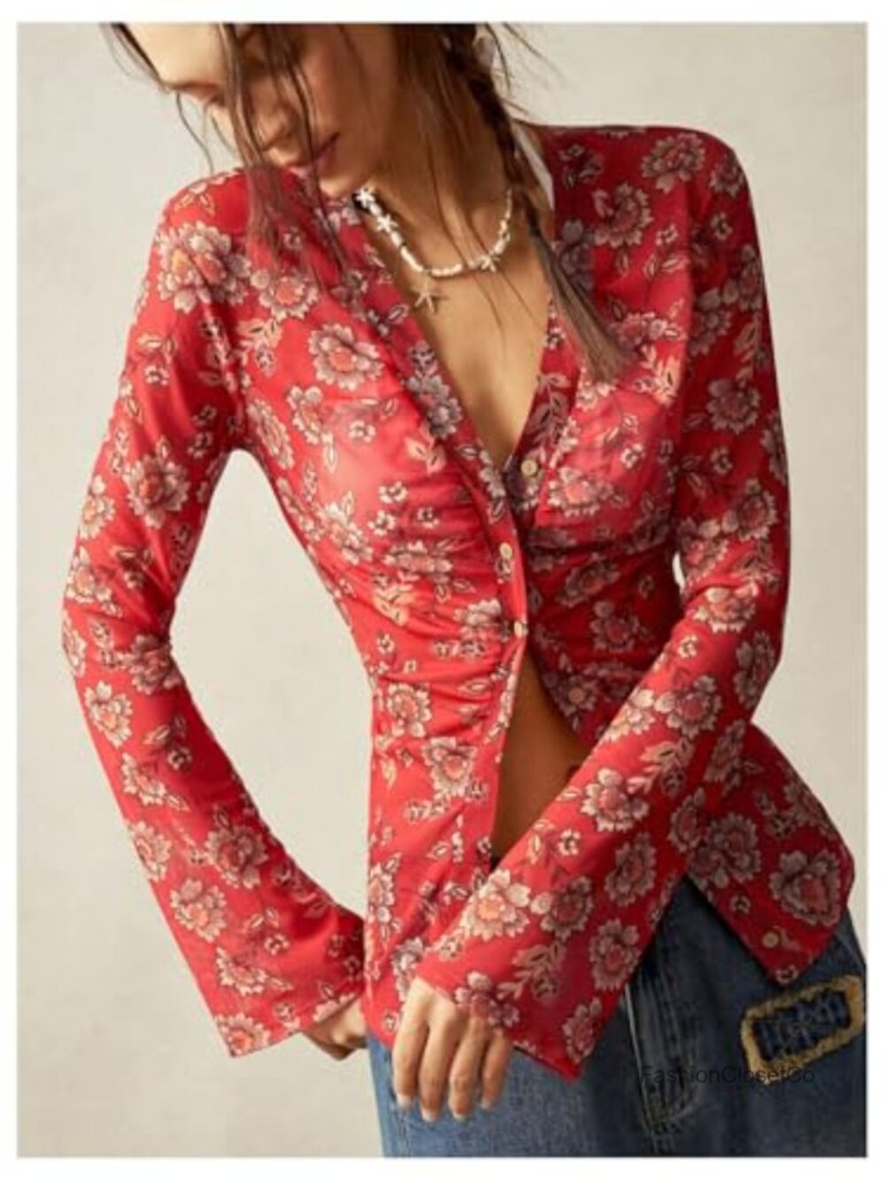 Long Sleeve V Neck Floral Print Button Down Blouse Fitted Tops - Picture 5 of 7